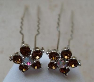 Epingles cheveux fleurs strass marron