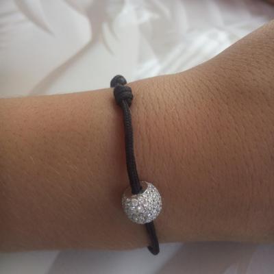 Bracelet cordon noir, perle argent et oxyde de zirconium