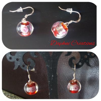 Boucles d'oreilles argent 925 et perles de verre rouge et argent