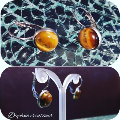 Boucles d'oreilles dormeuses et cabochon oeil du tigre