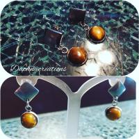 Boucles d'oreilles losange et cabochon oeil du tigre.