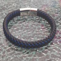 bracelet tressé cuir noir et bleu, fermoir argenté