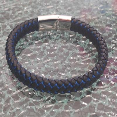 Bracelet cuir tressé noir et bleu et fermoir argenté
