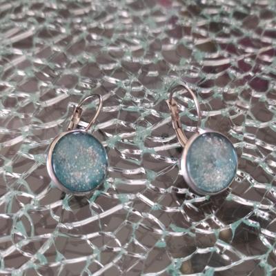 Boucles d'oreilles pendantes, cabochon de verre rond et paillettes