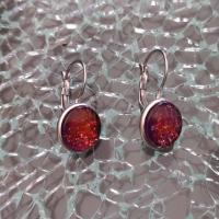 Boucles d'oreilles pendantes, cabochon de verre rond prune et paillettes