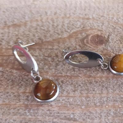 Boucles d'oreilles ovales et cabochon oeil du tigre