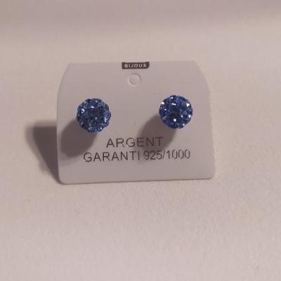 Boucles d'oreilles boules, argent 925 et oxyde de zirconium bleu.