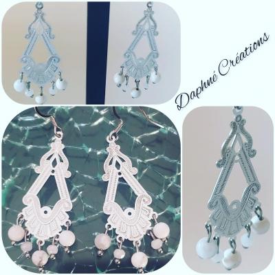 Boucles d'oreilles acier, pierres howlite et cristal swarovski blanc