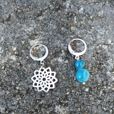 Boucles d'oreilles acier, fleur et agate bleue