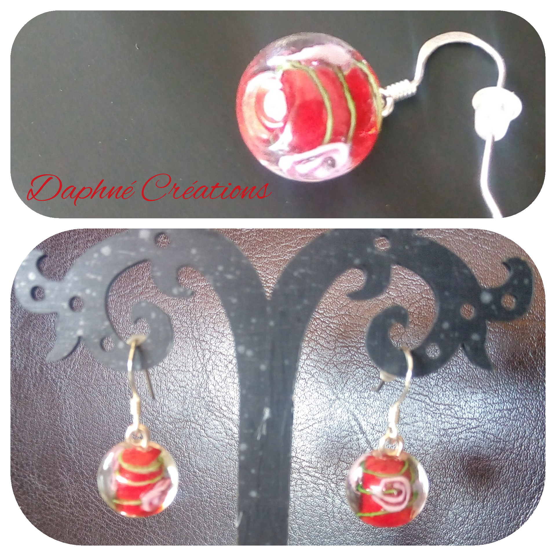 Boucles d'oreilles argent 925 et perles de verre rouge et fleurs