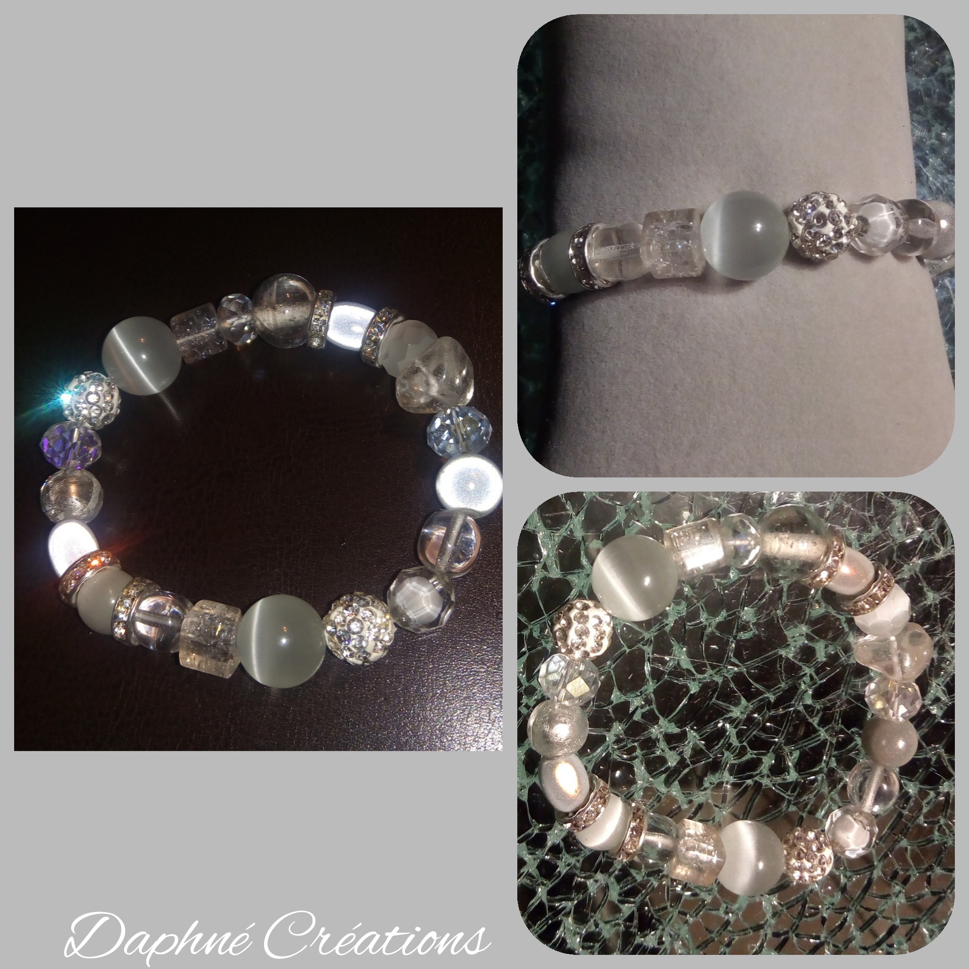 Bracelet blanc, strass, perles magiques, cristal de swarovski, oeil de chat et verre.