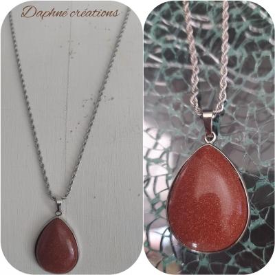 Sautoir acier et pendentif Cabochon brown sandstone