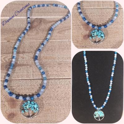 Sautoir pierres agates bleues et pendentif arbre de vie en turquoise.