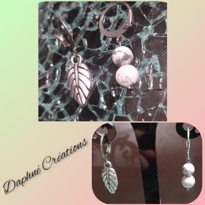 Boucles d'oreilles acier, feuille et howlite.