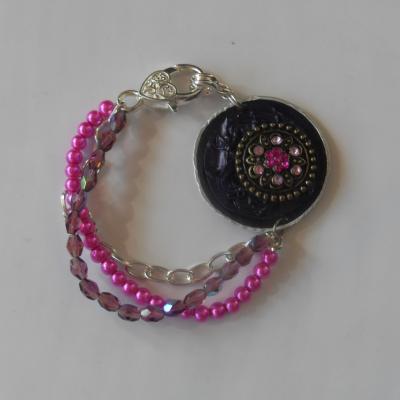 Bracelet capsule café violet et cabochon strass rose, chaines, cristal de swarovski.