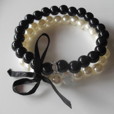 Bracelet duo perles noires et blanches, strass et ruban.