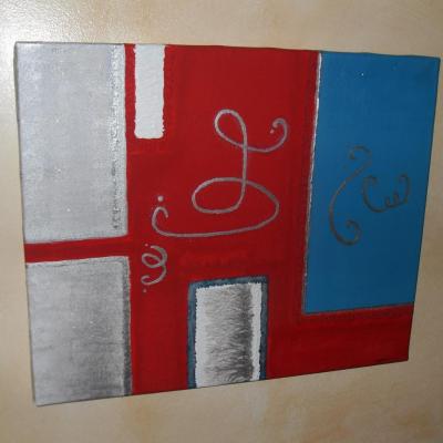 Tableau moderne rouge, turquoise, blanc et argent.