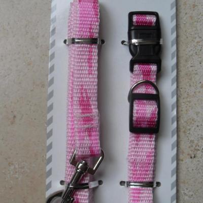 Collier + laisse en tissu rose, chien, chiot, chat.