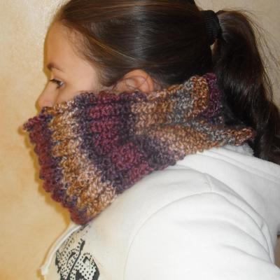 Col snood en laine multicolore prune, mauve, beige.